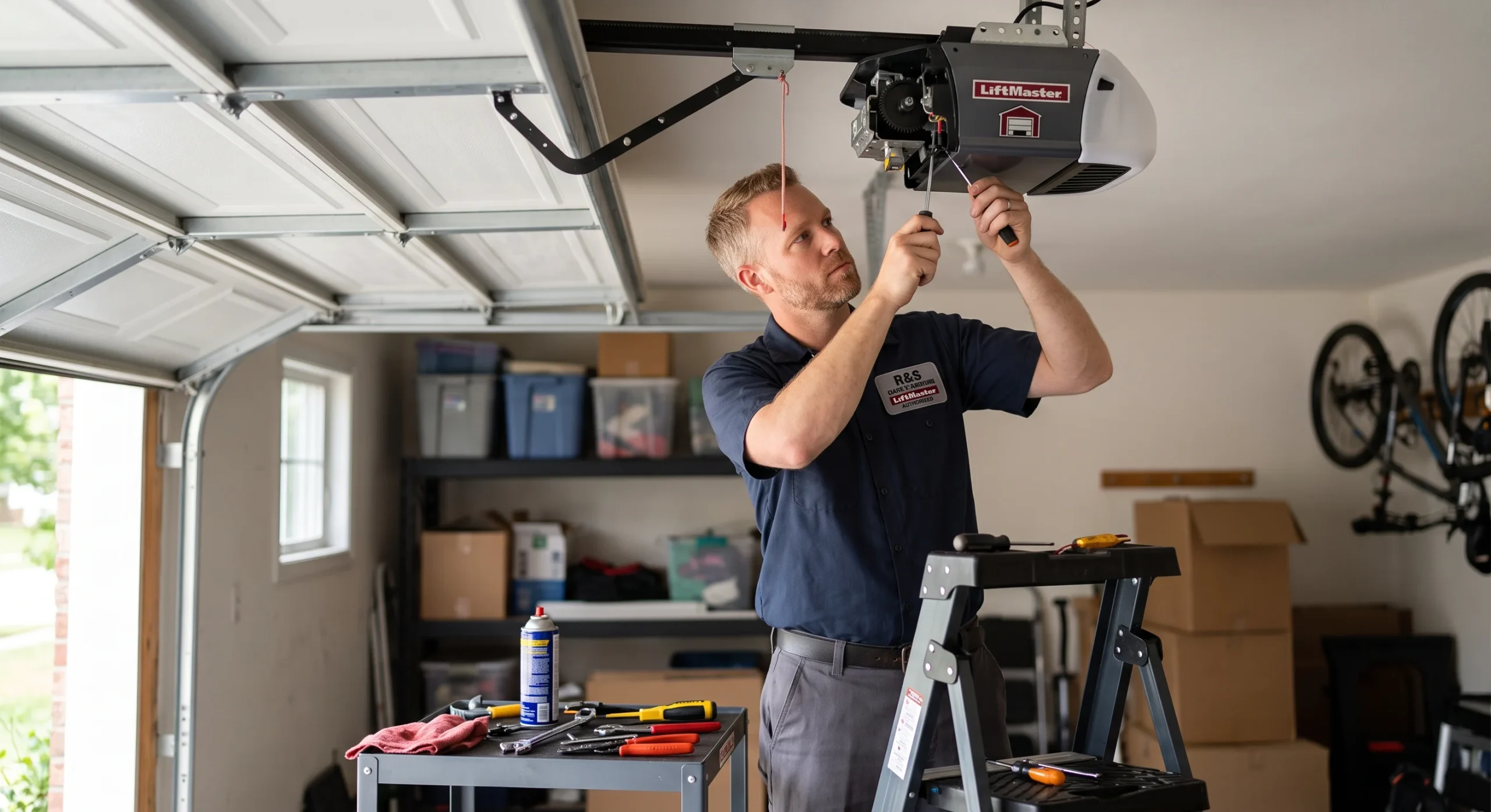 A technician on a ladder using screwdrivers to adjust a new LiftMaster motor housing while following Garage Door Motor Replacement Tips.