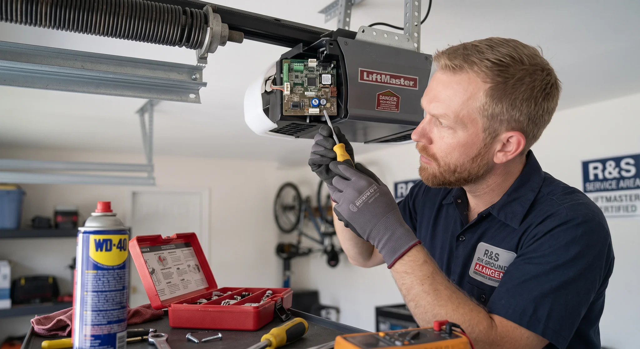 A technician using a screwdriver on a circuit board to fix a Garage Door Opener Clicking issue.