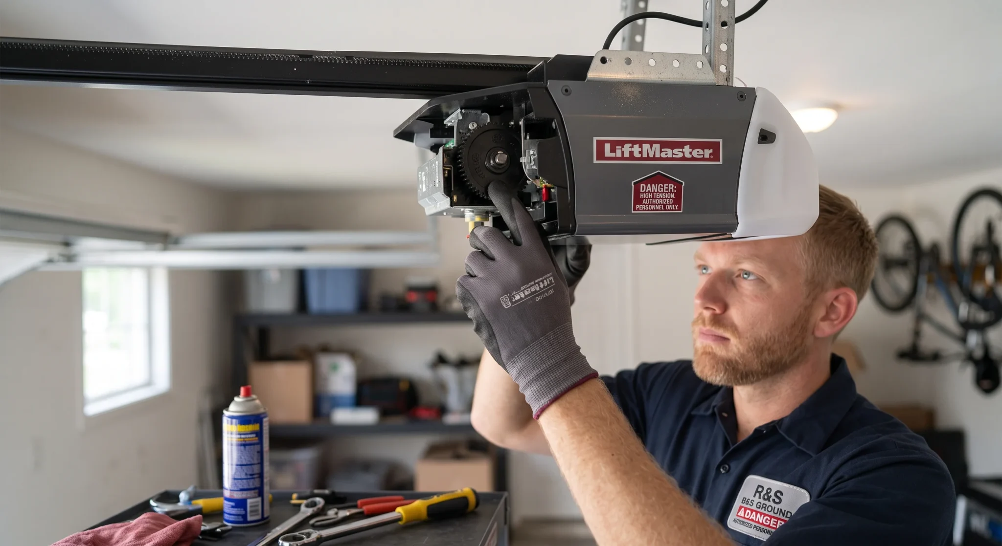 A technician pointing to internal gears while troubleshooting What Prevents a Garage Door Opener From Engaging.