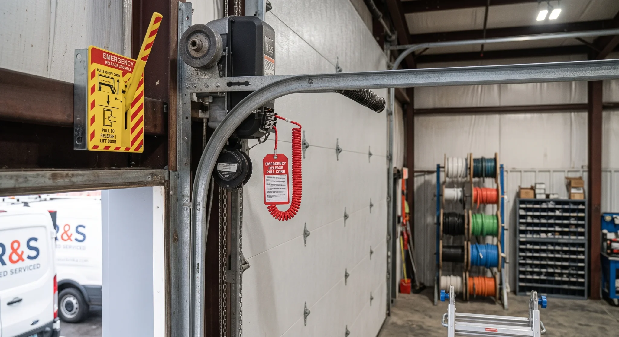 A close-up view of a wall-mounted release control sign and operator mechanism for troubleshooting Commercial Emergency release Issues.