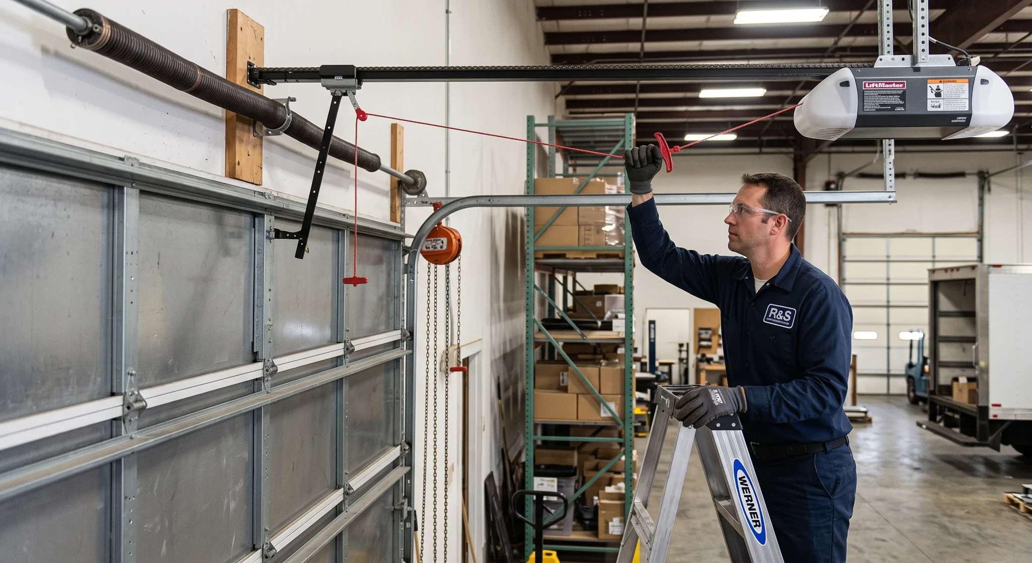 A technician standing on a stepladder pulling the red cord to test a commercial door emergency release.