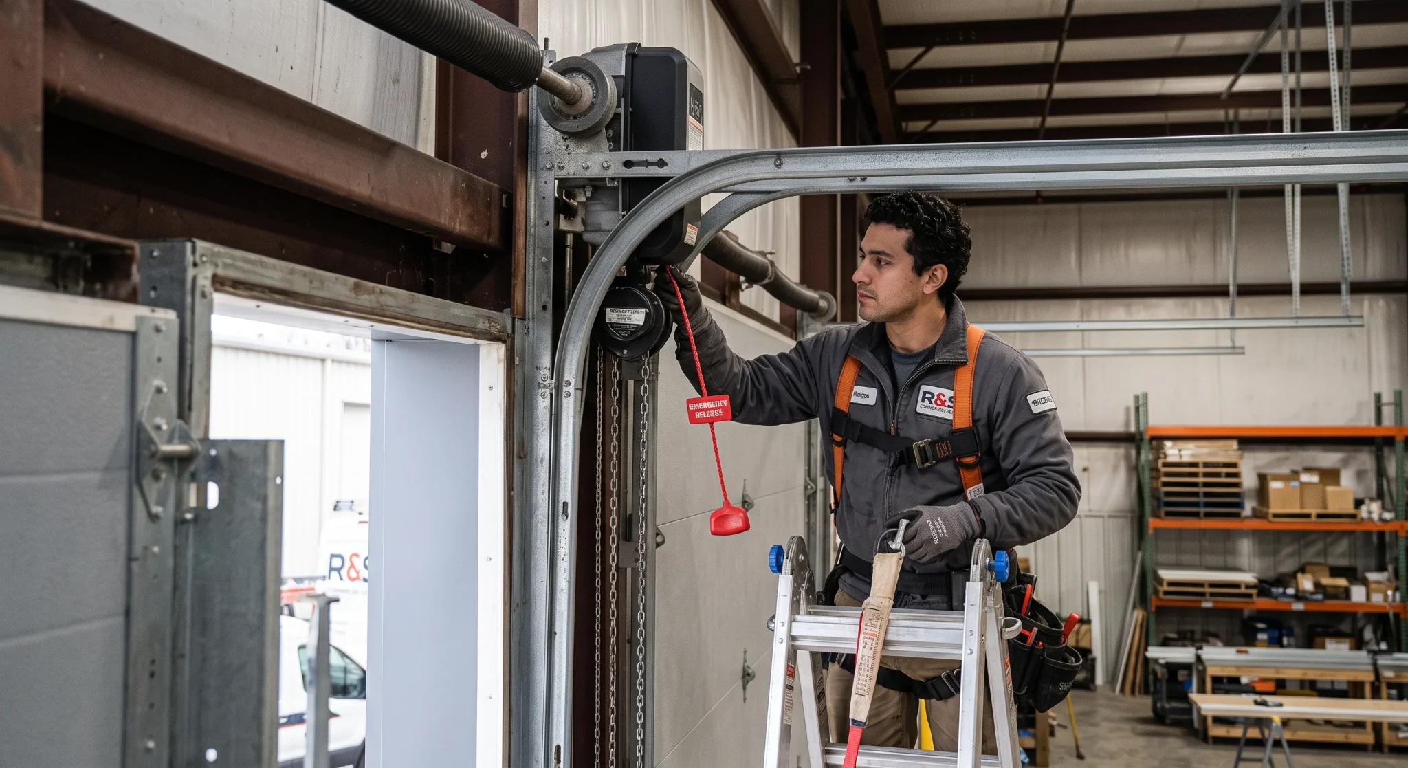 A technician standing on a ladder pulling the red release cord on a jackshaft operator during an overhead doors emergency release inspection.