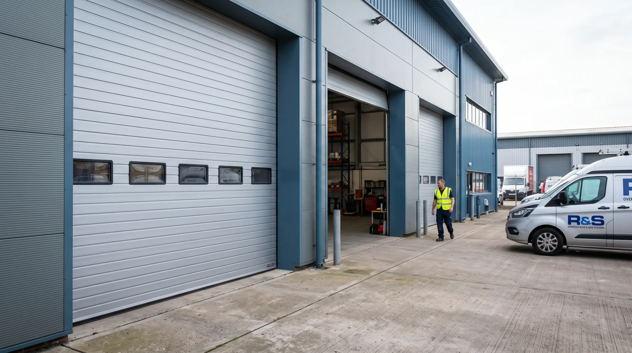 An industrial facility featuring a grey Sectional Overhead Door in Richmond with rectangular vision panels beside a service van.