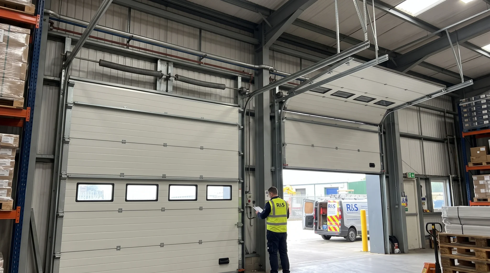 A technician reviewing system components next to horizontal tracking to demonstrate What Is a Sectional Overhead Door.