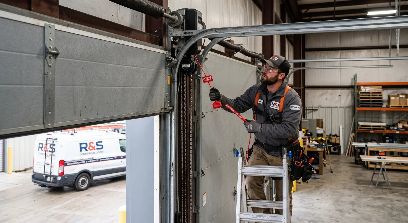 A technician pulling the red cord to demonstrate what an Emergency Release Actually Does on a door system.