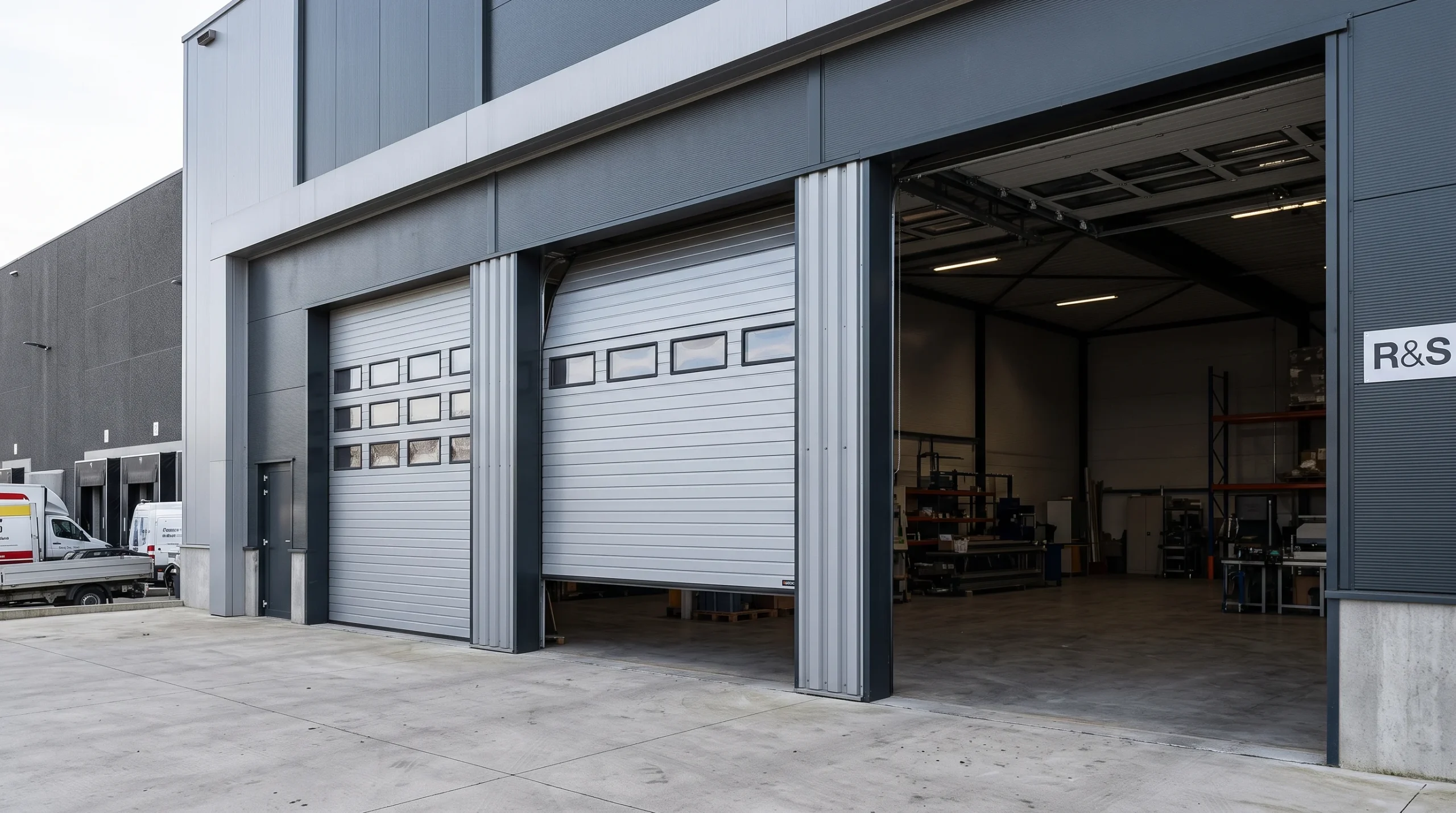Modern commercial facility bay doors with vision panels offering local installations for a Sectional Overhead Door Near Me.